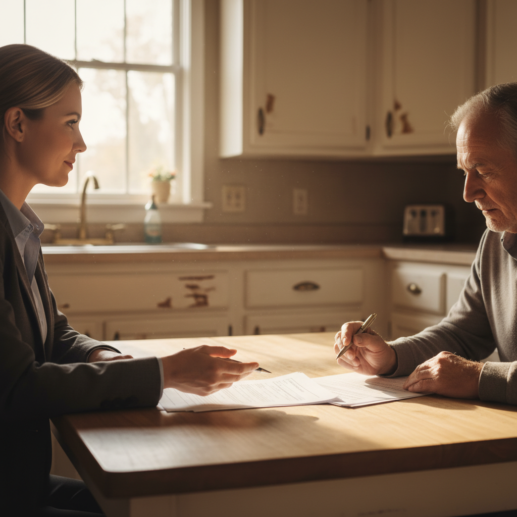 cash home buyer reviewing paperwork with homeowner in dated kitchen
