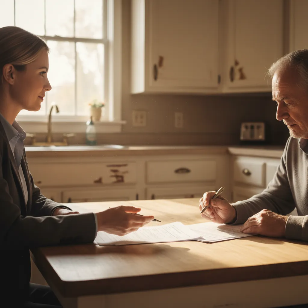 cash home buyer reviewing paperwork with homeowner in dated kitchen